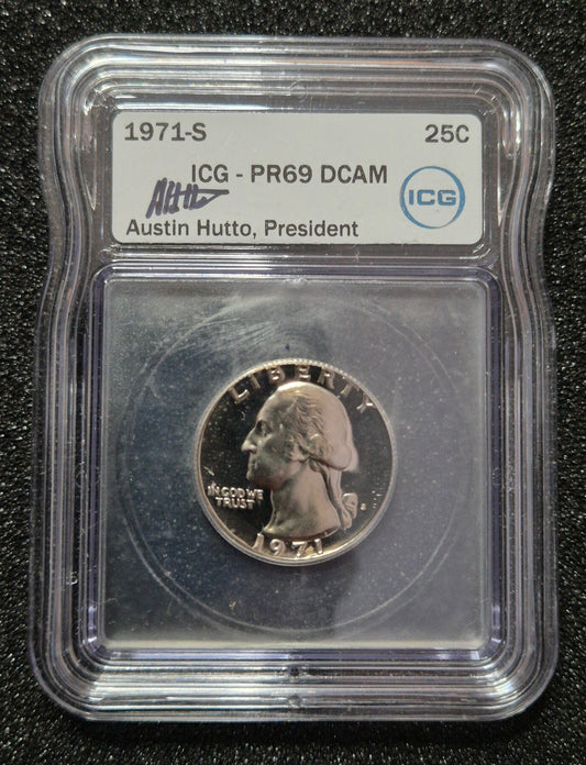 1971 S PR69 DCAM Washington Quarter Dollar - Graded and Signed By Austin Hutto.