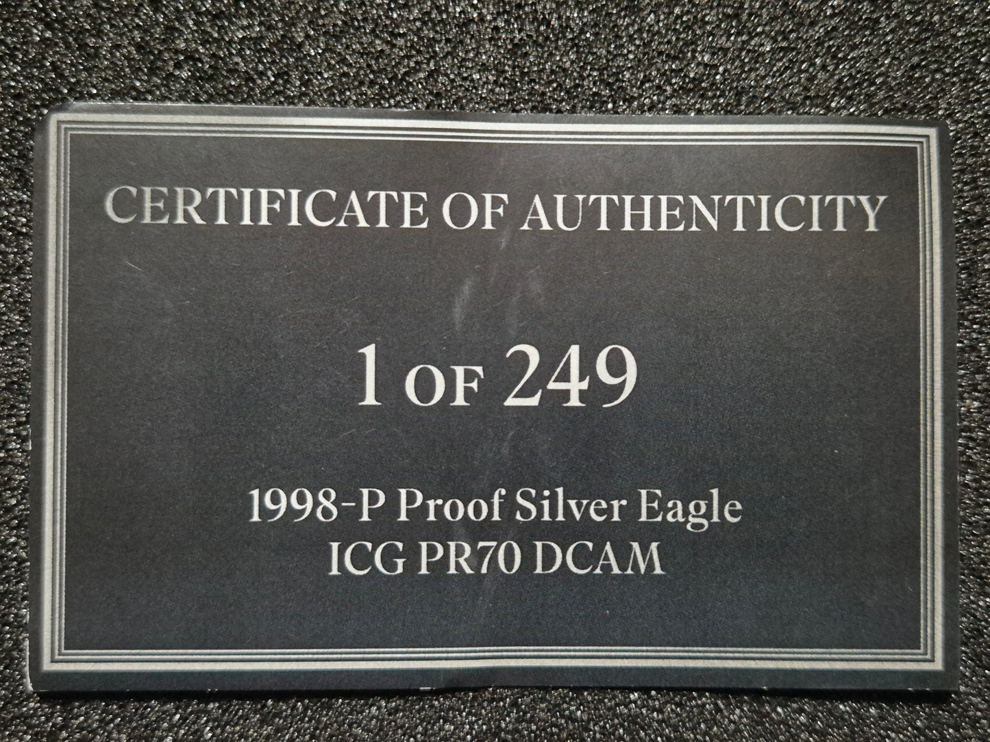 1998 P PR70 DCAM 1 oz Silver Eagle - BLACK LABEL 1 of only 249 Coins. Graded by Austin Hutto.