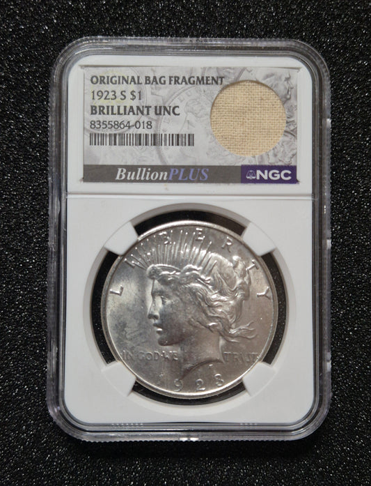 1923 Peace Dollar - Brilliant Uncirculated, with Bag Fragment. Certified by NGC.