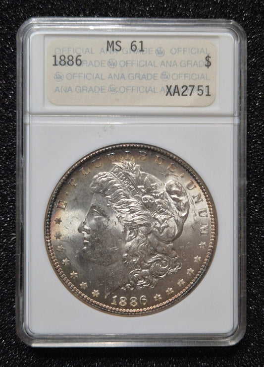 1886 Morgan Silver Dollar graded MS62 by the ANA Certification Service (note the older ANA soapbox slab).