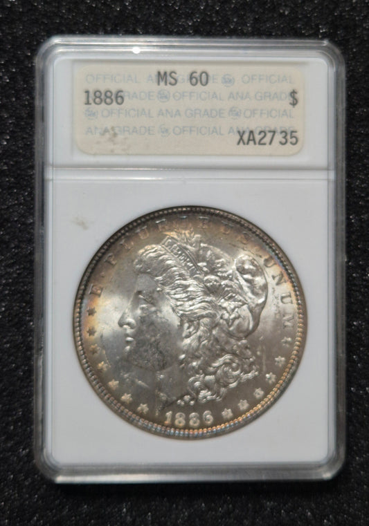 1886 Morgan Silver Dollar graded MS60 by the ANA Certification Service (note the older ANA soapbox slab).