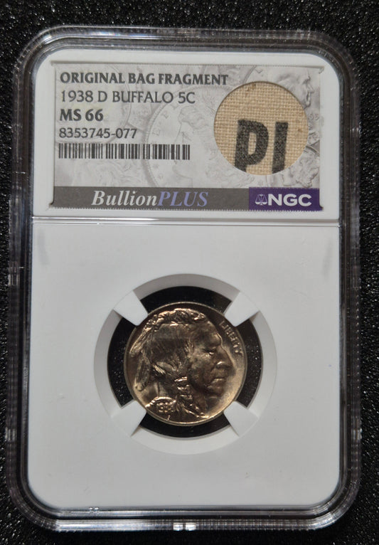 1938-D Buffalo Nickel, MS66 by NGC and presented with a BullionPLUS “Original Bag Fragment” label that includes a small piece of an original U.S. Mint bag.
