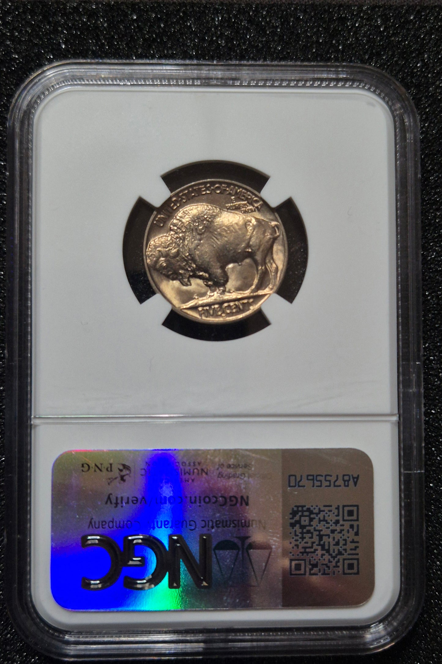 1938-D Buffalo Nickel, MS66 by NGC and presented with a BullionPLUS “Original Bag Fragment” label that includes a small piece of an original U.S. Mint bag.