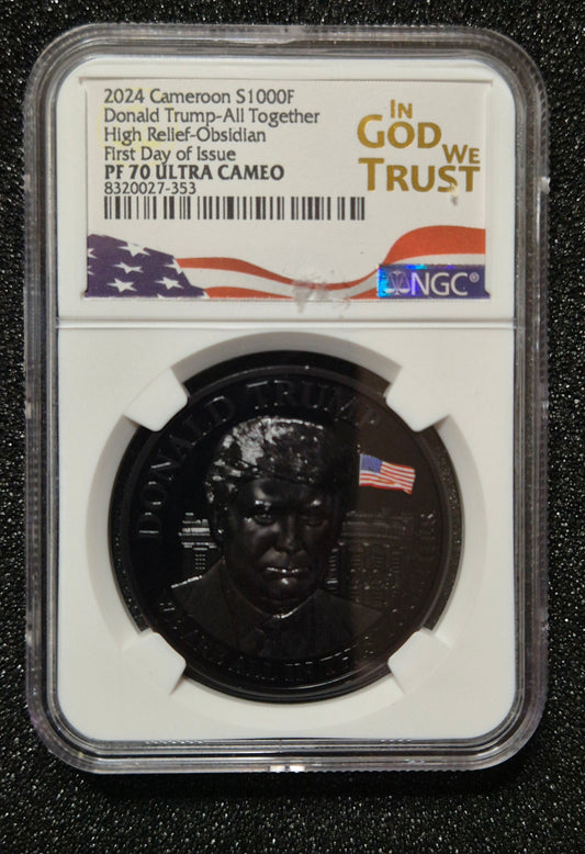 2024 Republic of Cameroon 1,000 Francs CFA silver proof coin titled “Donald Trump – All Together”, struck in high-relief with an obsidian-black finish by B.H. Mayer.