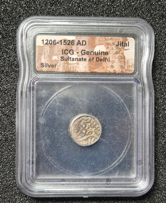 Ancient Silver Jital coin issued under the Delhi Sultanate (Northern India), dated 1206–1526 AD. Certified as genuine by ICG