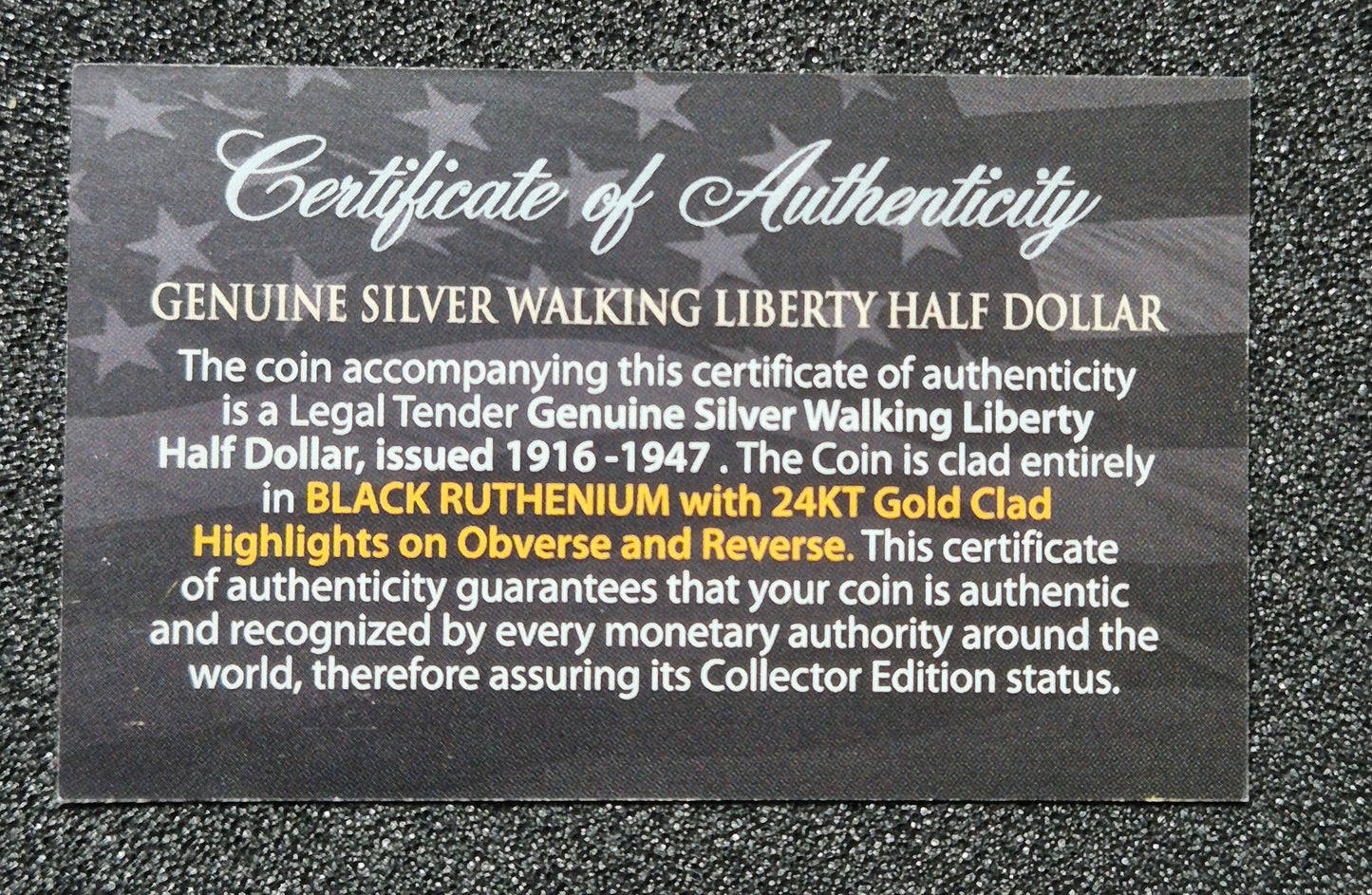 Walking Liberty Silver Half Dollar – Black Ruthenium & 24K Gold Edition (with COA & Display Box)