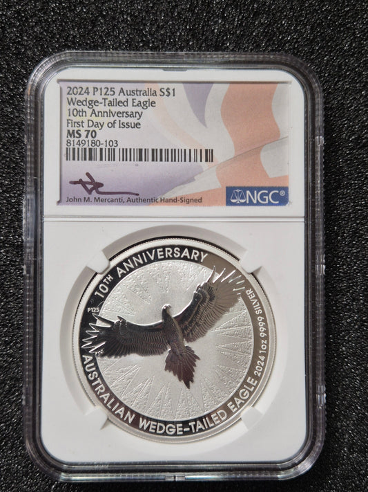 2024 1oz Silver Australian Wedge-Tailed Eagle 10th Anniversary Coin - HAND SIGNED BY JOHN MERCANTI - With P125 Mint Mark